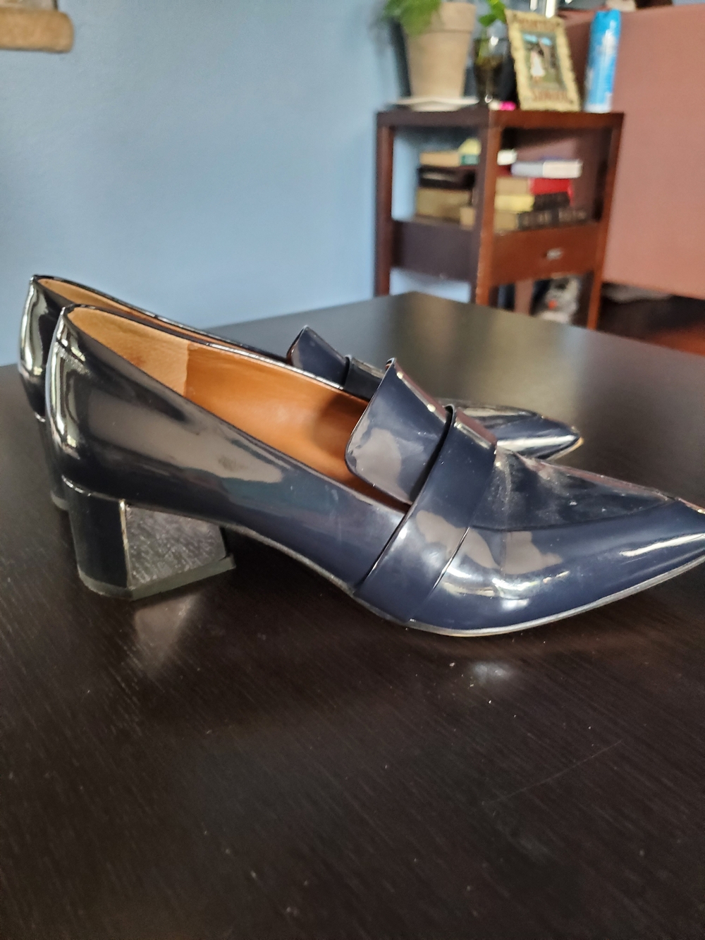 Franco Sarto Navy Patent Pointed-Toe Loafers with Block Heel